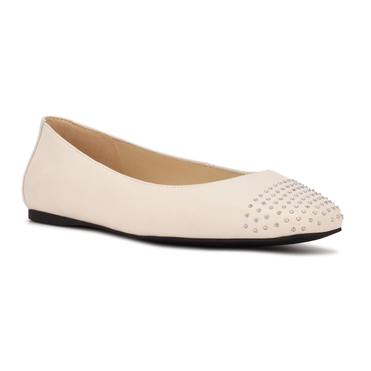 Nine West Aloha Studded Square-Toe Ballet Flats Cream | BYMP96712