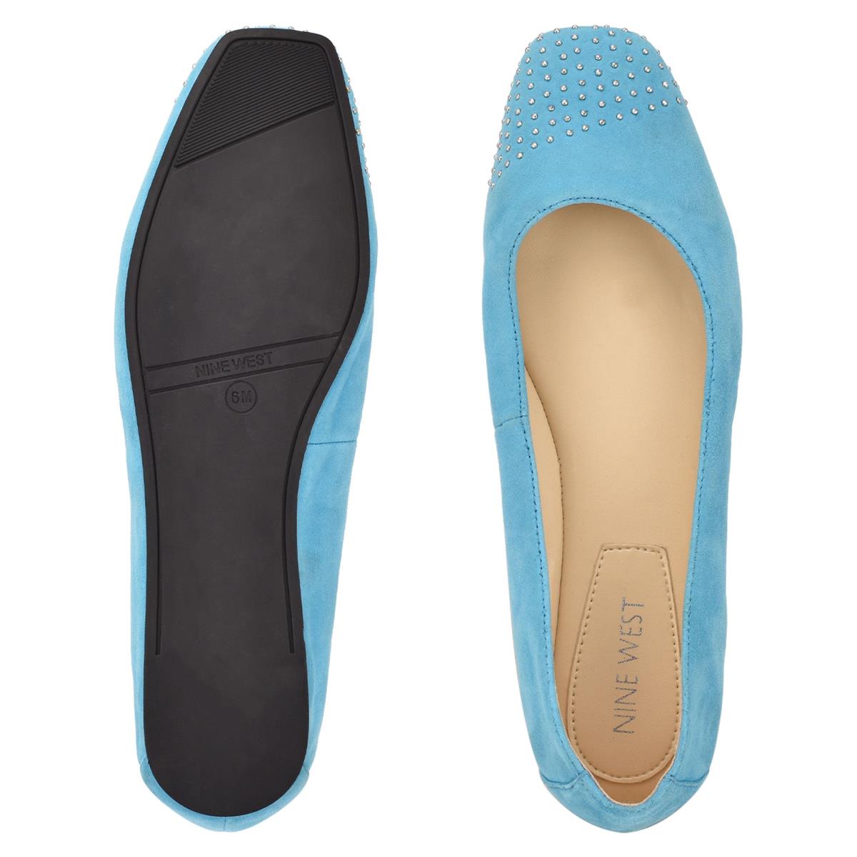 Nine West Aloha Studded Square-Toe Ballet Flats Light Blue | CBIO21958