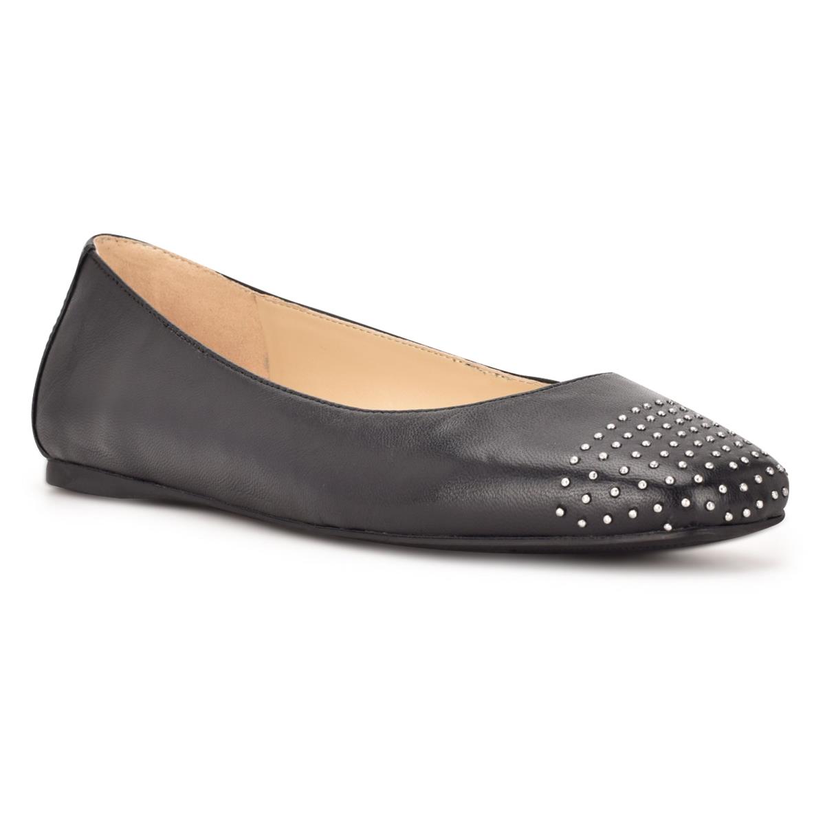 Nine West Aloha Studded Square-Toe Ballet Flats Black | KVAS43528