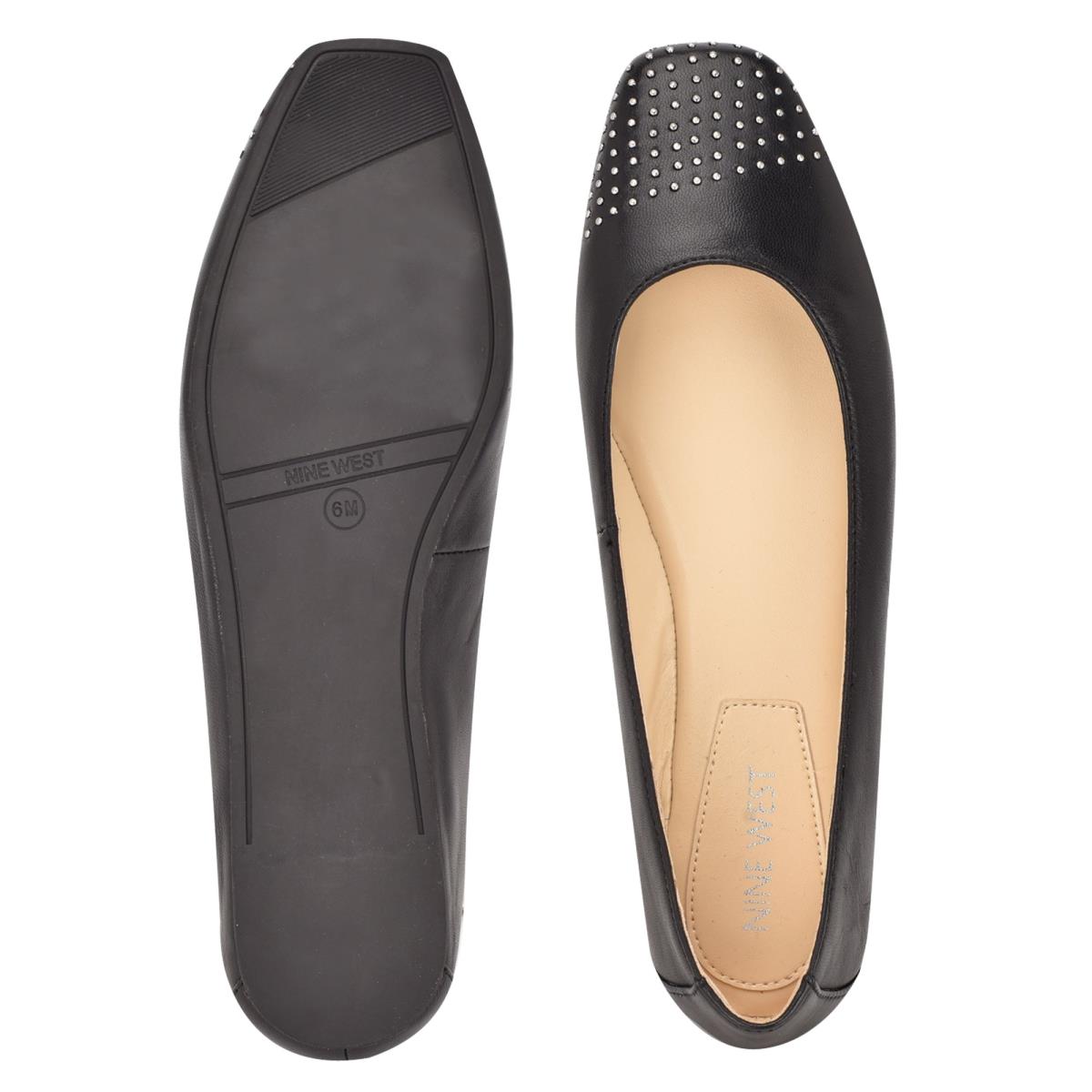 Nine West Aloha Studded Square-Toe Ballet Flats Black | KVAS43528