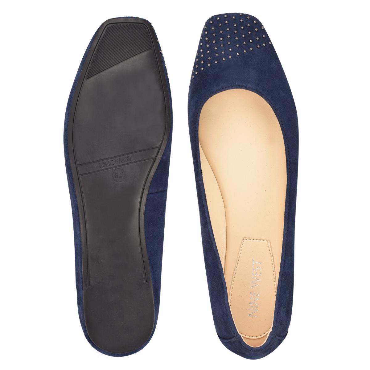 Nine West Aloha Studded Square-Toe Ballet Flats Navy | NYSC39648