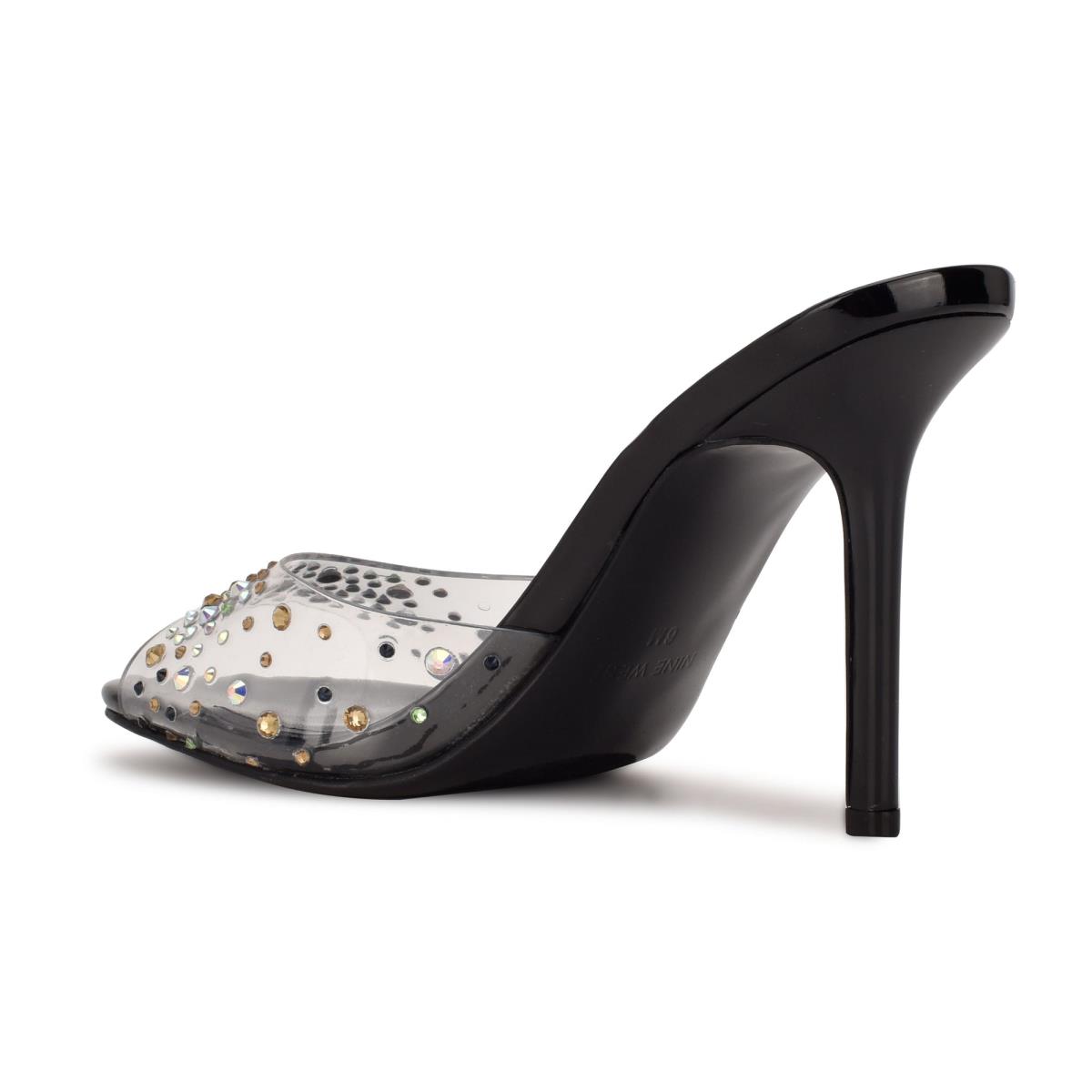 Nine West Ido Rhinestone Heeled Slide Sandals Black | BRSG64839