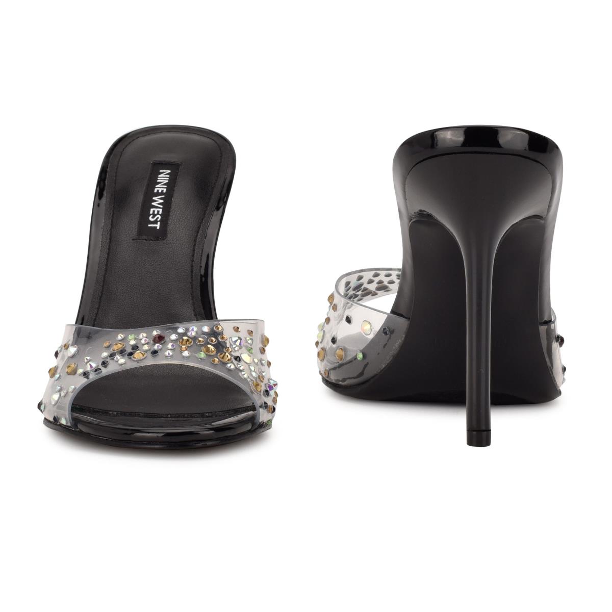 Nine West Ido Rhinestone Heeled Slide Sandals Black | BRSG64839