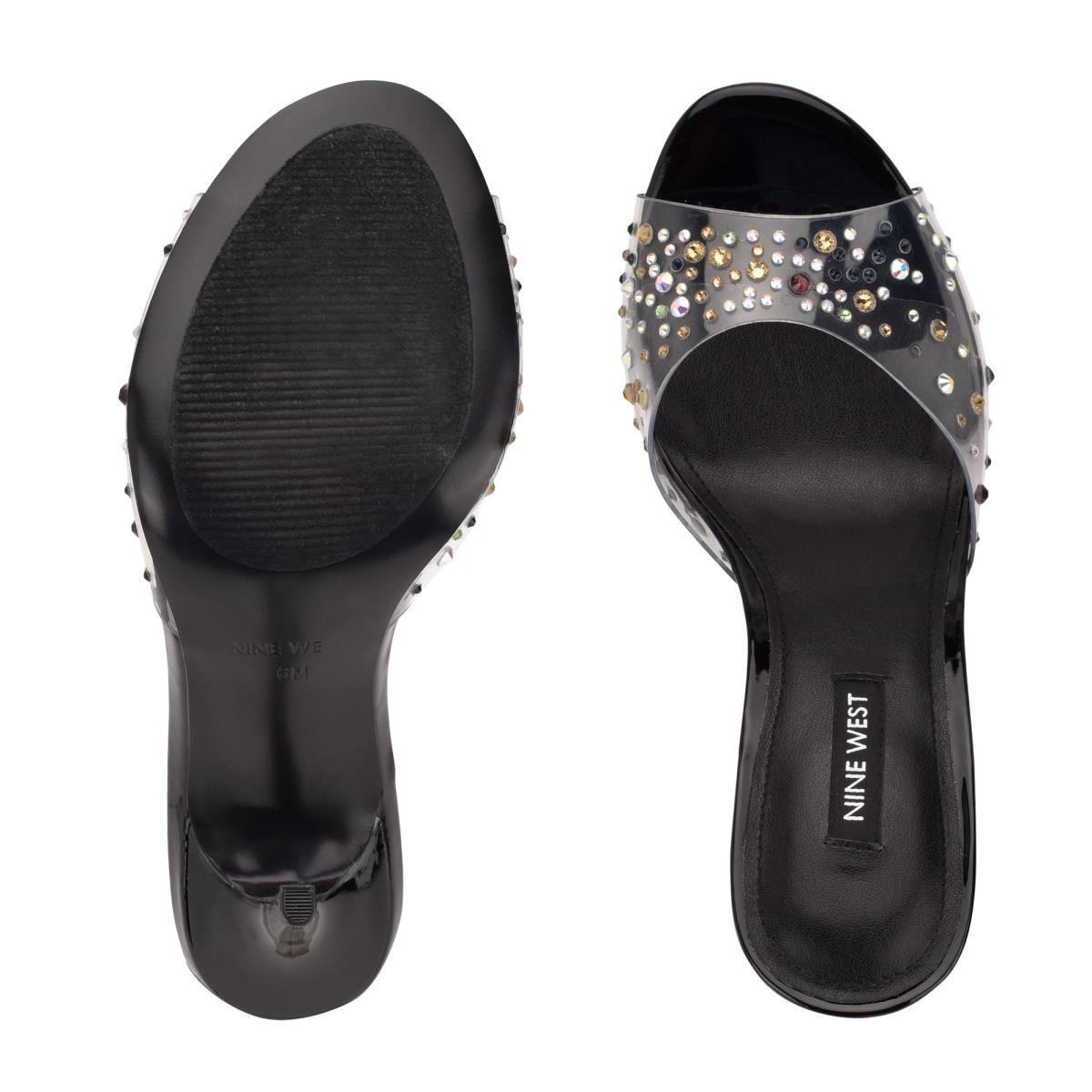 Nine West Ido Rhinestone Heeled Slide Sandals Black | BRSG64839