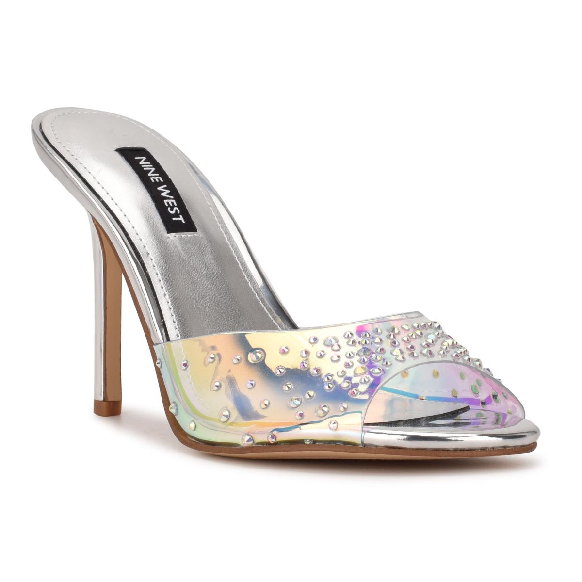 Nine West Ido Rhinestone Heeled Slide Sandals Silver | EPFY60794