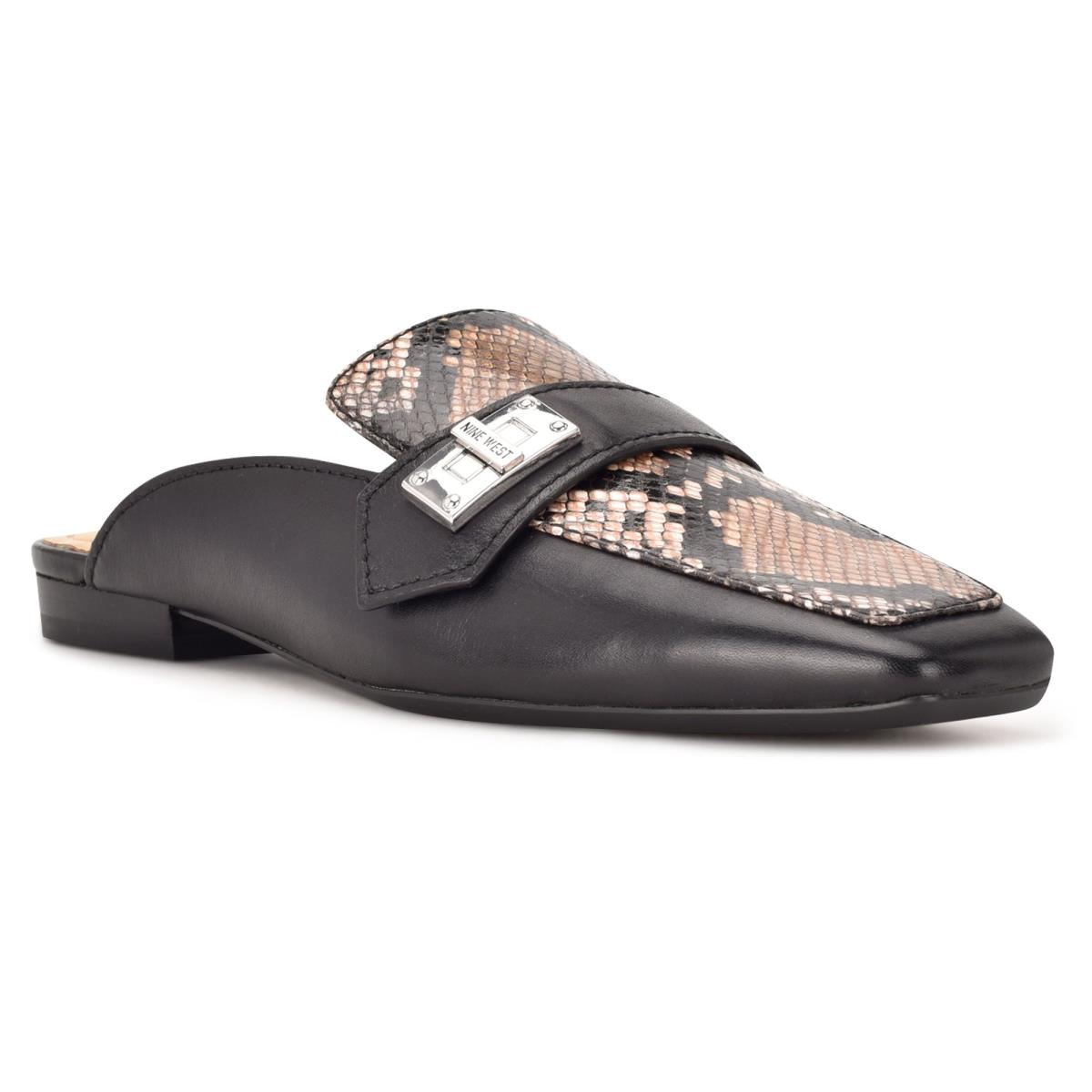 Nine West Neat 9x9 Loafer Mules Black Beige Snake | FHKV95263