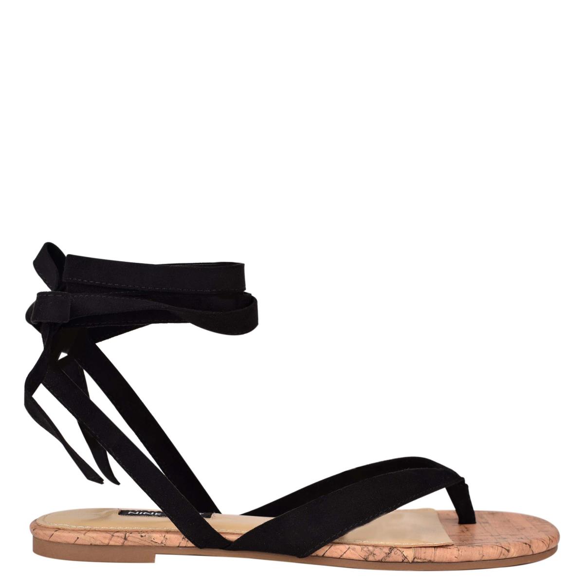 Nine West Tiedup Ankle Wrap Flat Sandals Black | IVEX65241