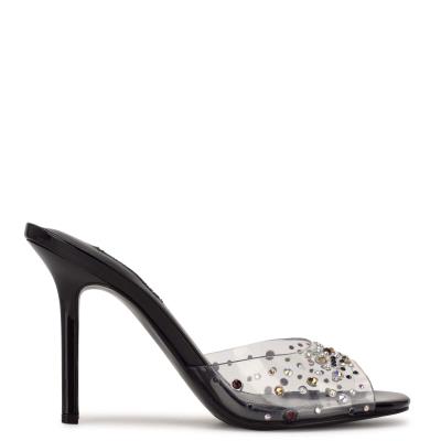 Nine West Ido Rhinestone Heeled Slide Sandals Black | BRSG64839