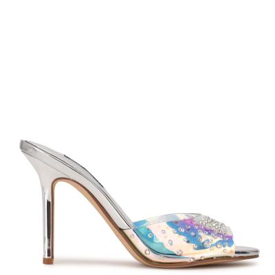 Nine West Ido Rhinestone Heeled Slide Sandals Silver | EPFY60794